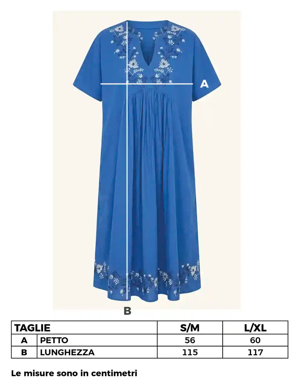 Vestito lungo in cotone indiano ricamato Blu Cobalto