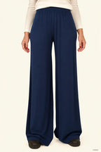 Pantaloni lunghi donna in viscosa di bamboo blu navy a gamba larga