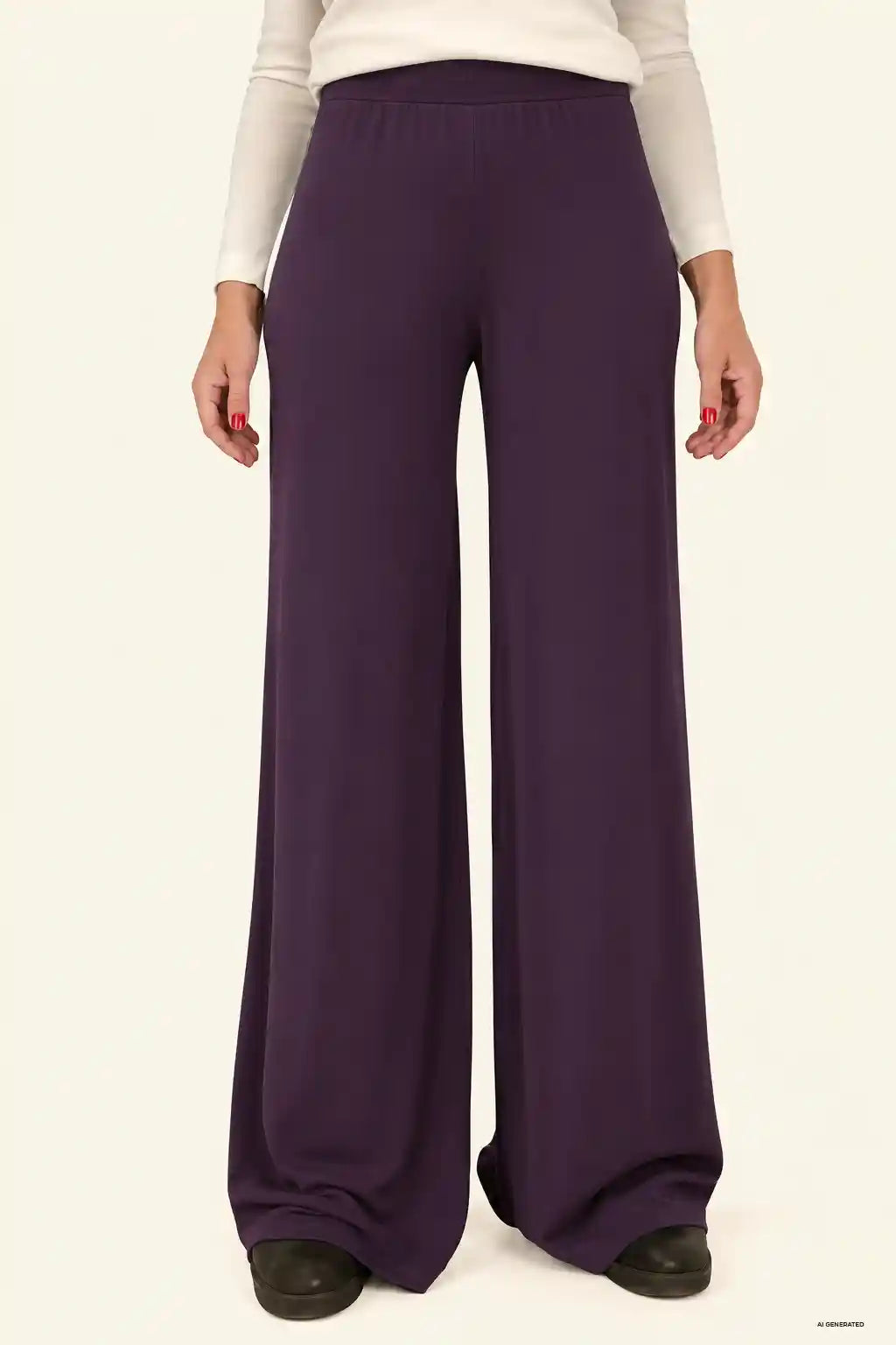 Pantaloni lunghi donna in viscosa di bamboo viola melanzana a gamba larga