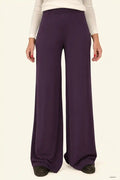 Pantaloni lunghi donna in viscosa di bamboo viola melanzana a gamba larga