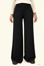 Pantaloni lunghi donna in viscosa di bamboo nero a gamba larga
