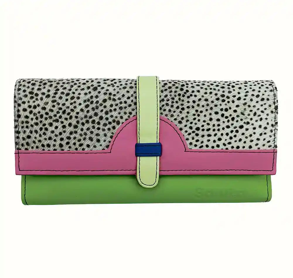 portafoglio donna in pelle riciclata rosa e verde brillante